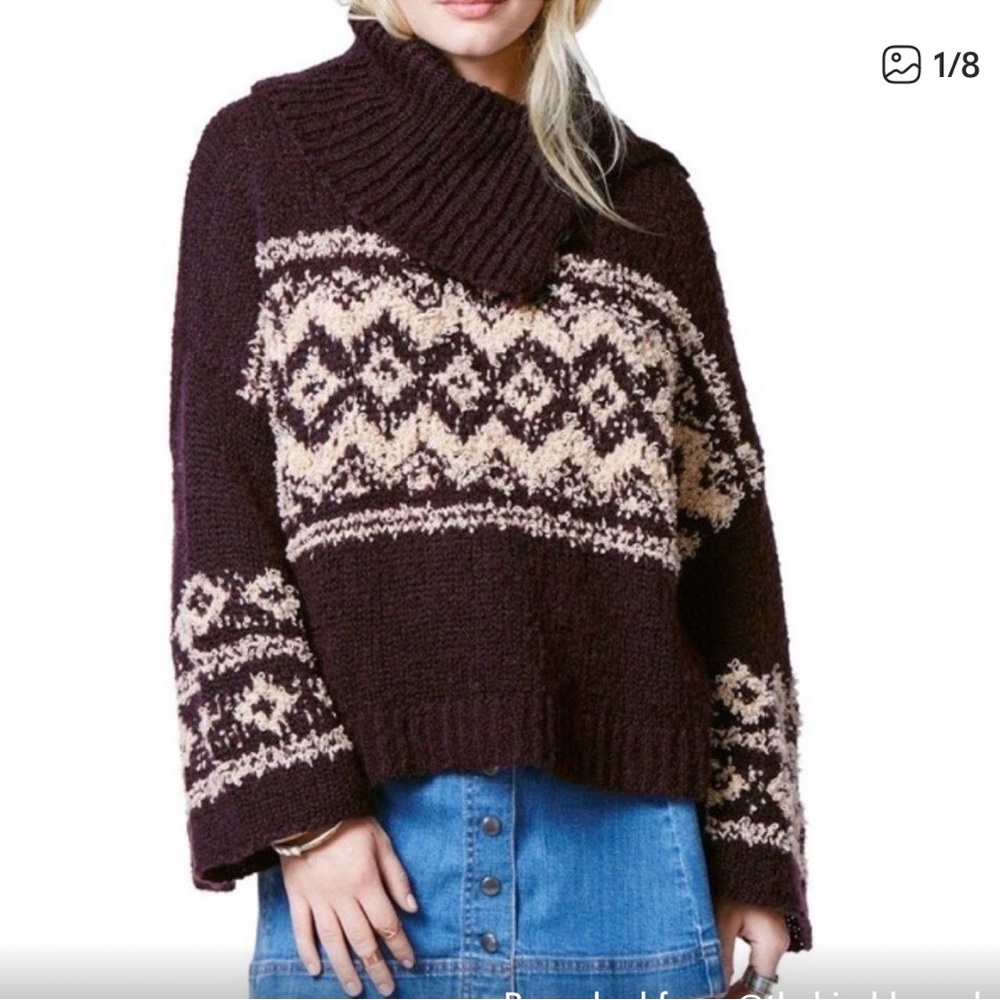 Free People Fair Isle Chunky Knit Sweater XS Purple Cowl Neck Boho Cozy
